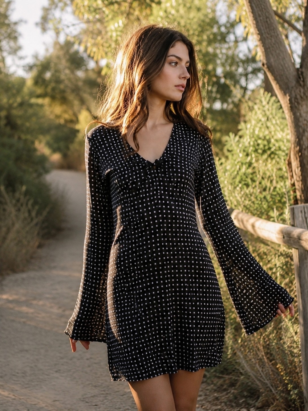 Tristan Black Sheer Polka Dot Shift Dress | Bell Sleeves | Size Small